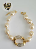 (1-0748) Gold Laminate -Alternative Link Bracelet w/ Pearls 7.5" -BGF - Fantasy World Jewelry