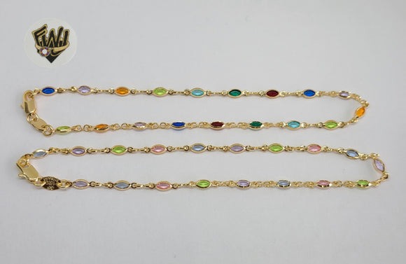(1-0121) Gold Laminate - 3mm Multicolor Stones Anklets - 10