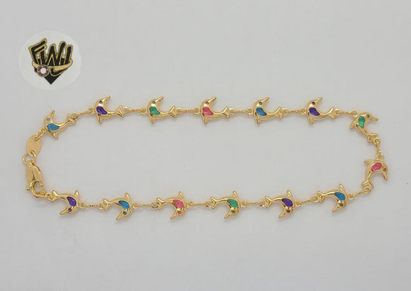 (1-0129) Laminado de oro - Tobillera con eslabones de delfines multicolores de 8 mm - 10” - BGF