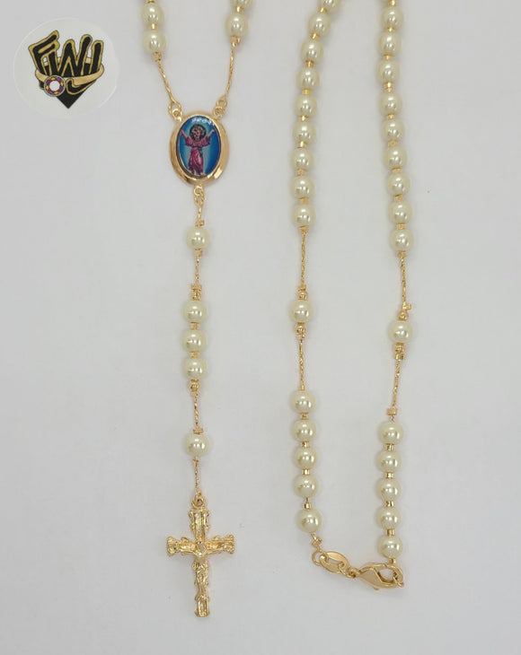 (1-3348) Gold Laminate - 5mm Divine Child Pearls Rosary Necklace - 20