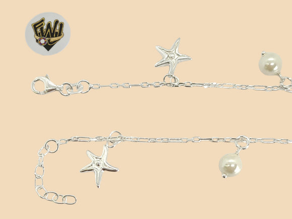 (2-0142) 925 Sterling Silver - 1.5mm Stars and Pearls Anklet - 10
