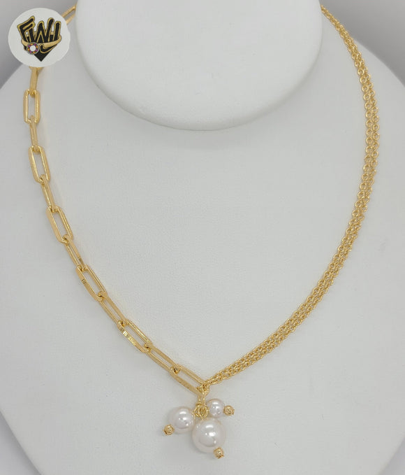 (1-6520-2) Gold Laminate - Paper Clip Rolo Link Pearl Necklace - BGF