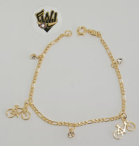 (1-0888) Gold Laminate - 2mm Figaro Link Bracelet w/Charms - 7.5" - BGF - Fantasy World Jewelry