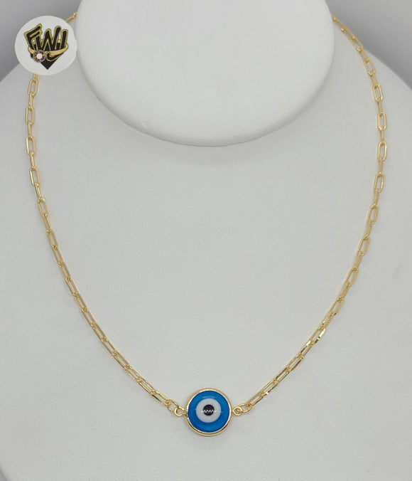 (1-6066) Gold Laminate - 3mm Paper Clip Link Evil Eye Necklace - 18