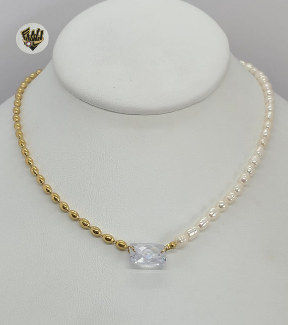 (4-7011) Stainless Steel - 4mm Pearl and Balls Necklace. - Fantasy World Jewelry
