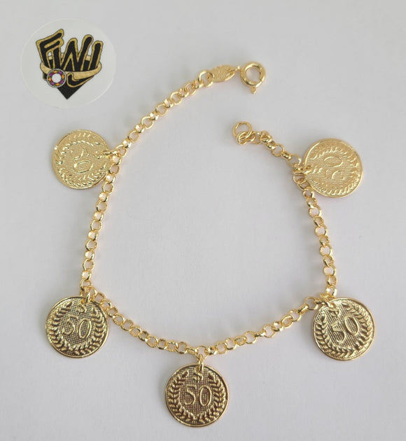 (1-0881) Gold Laminate Bracelet -3mm Rolo Link Bracelet w/ Charms- 7''-BGF - Fantasy World Jewelry