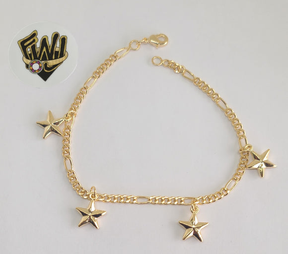 (1-0619) Gold Laminate Bracelet-3mm Figaro Link Bracelet w/Charms -7.5''-BGO - Fantasy World Jewelry