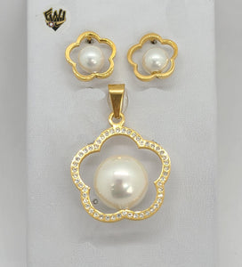 (4-9061) Stainless Steel - Flower Pearl Set. - Fantasy World Jewelry