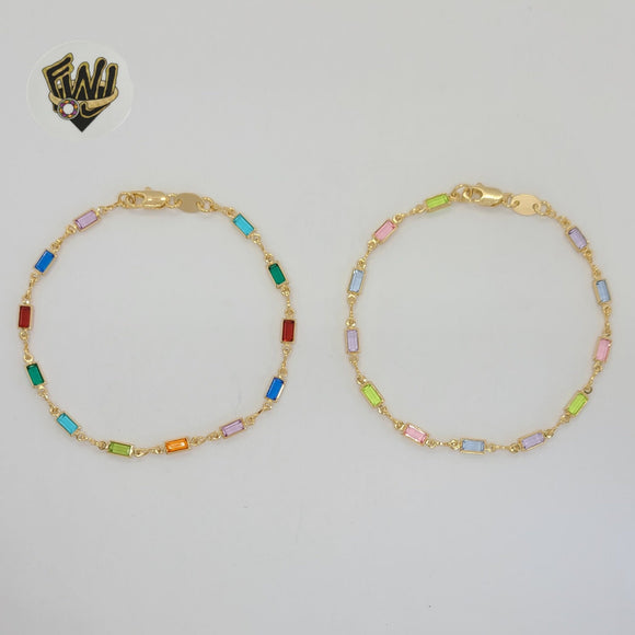 (1-0642) Gold Laminate - 3mm Multicolor Rectangles Link Bracelet - 7.5