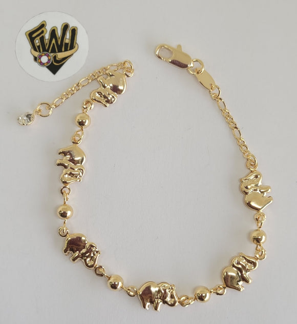 (1-0523) Gold Laminate -4mm Link Bracelet w/Elephants- 6.5''-BGF - Fantasy World Jewelry