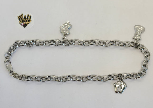 (4-3303) Stainless Steel - 5mm Rolo Link w/ Charms Anklet - 9.5
