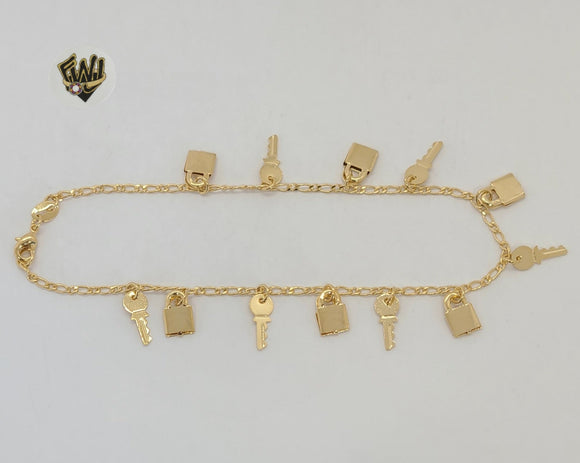 (1-0184) Gold Laminate - 2mm Link Anklet with Charms - 9.5