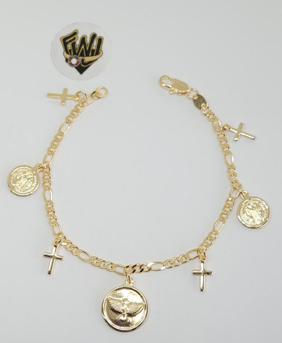 (1-0896) Gold Laminate - 3mm Figaro Link w/ Charms Bracelet - 7.5