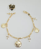 (1-0896) Gold Laminate - 3mm Figaro Link w/ Charms Bracelet - 7.5" - BGF - Fantasy World Jewelry