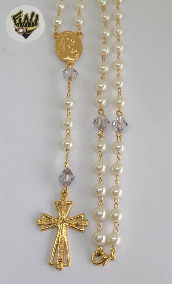 (1-3353) Gold Laminate - 6mm Pearls Rosary Necklace - 24''- BGO. - Fantasy World Jewelry