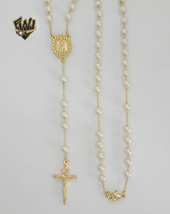 (1-3333) Laminado de oro - Collar con rosario de perlas de Nuestra Señora de la Caridad de 5,5 mm - 22