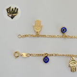 (1-0666) Gold Laminate - 2mm Hamsa Hand & Evil Eye Bracelet - 7" - BGF - Fantasy World Jewelry