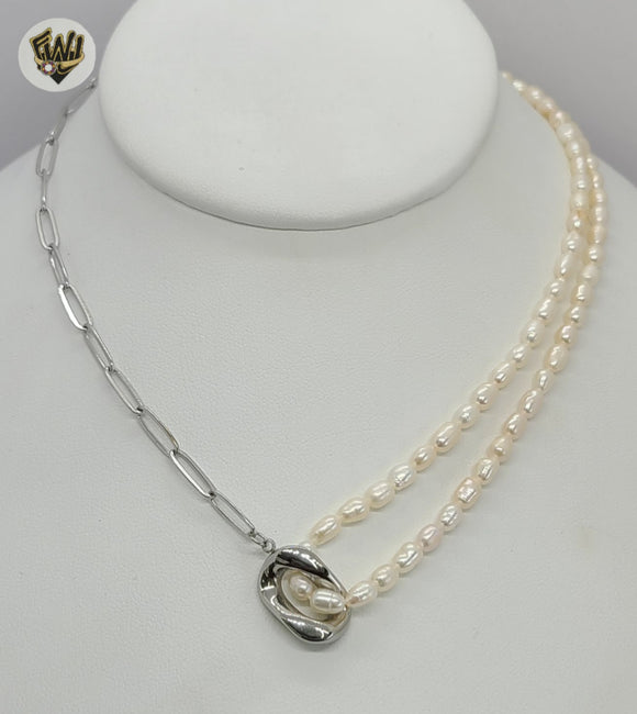 (4-7004) Stainless Steel - 4mm Paper Clip Pearl Necklace - 14