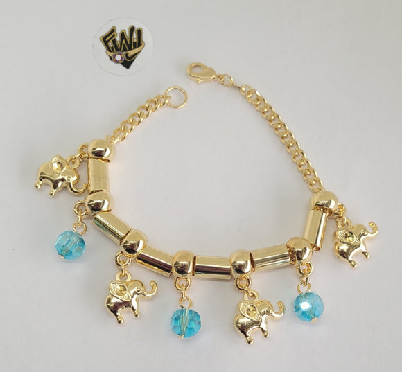 (1-0734) Gold Laminate -4mm Curb Link Bracelets w/ Elephants and Beads- 7.5