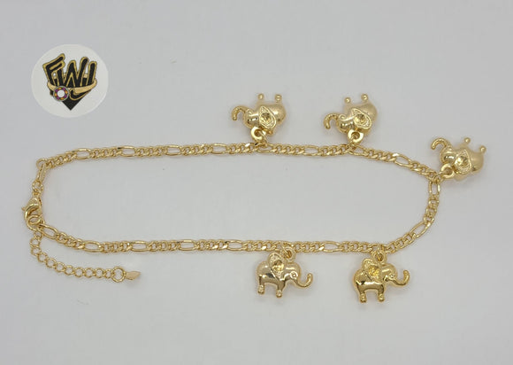 (1-0105) Gold Laminate - 3mm Figaro Link Elephants Anklet - BGF - Fantasy World Jewelry