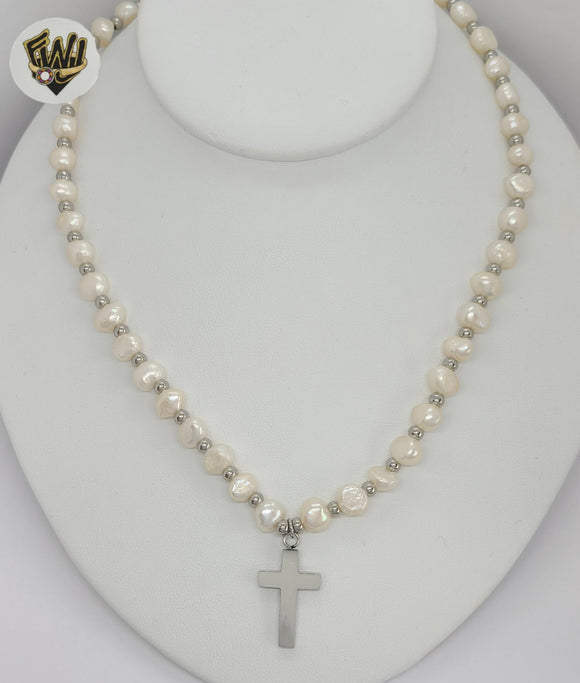 (4-7069) Stainless Steel - 8mm Cross Pearl Necklace - 18