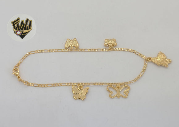 (1-0208-1) Gold Laminate - 3mm Figaro Link Butterflies Anklet - 10” - BGF