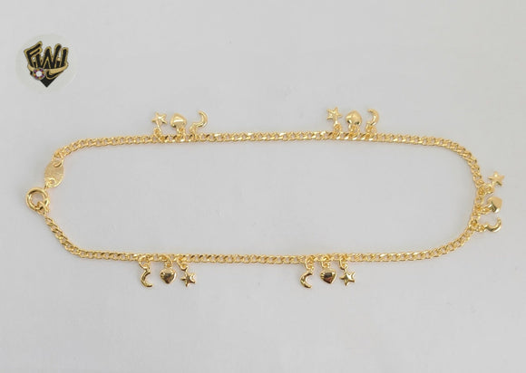 (1-0113) Gold Laminate - 2mm Curb Link Anklet with Charms - 10