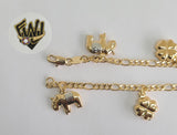 (1-0552) Gold Laminate Bracelet -3.5 mm Figaro Link Bracelet w/ Charms -7.5''-BGF - Fantasy World Jewelry