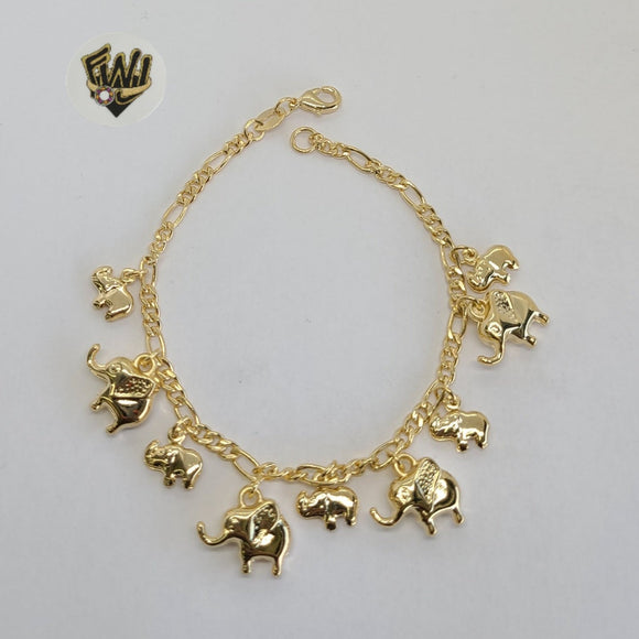 (1-0546) Gold Laminate - 3mm Figaro Link Bracelet w/Elephants - 7