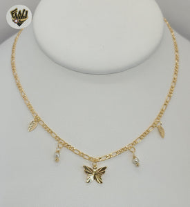 (1-6010) Gold Laminate - Butterfly with Charms Necklace - BGF - Fantasy World Jewelry