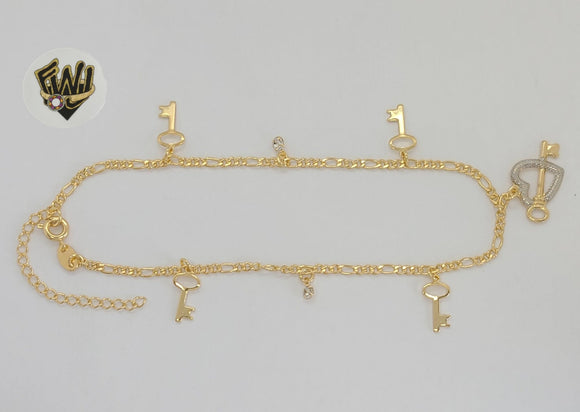 (1-0114) Gold Laminate - 2mm Figaro Link Key Charms Anklet - 10