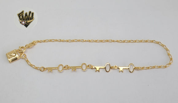 (1-0168) Gold Laminate - 2mm Link Anklet with Keys - 10
